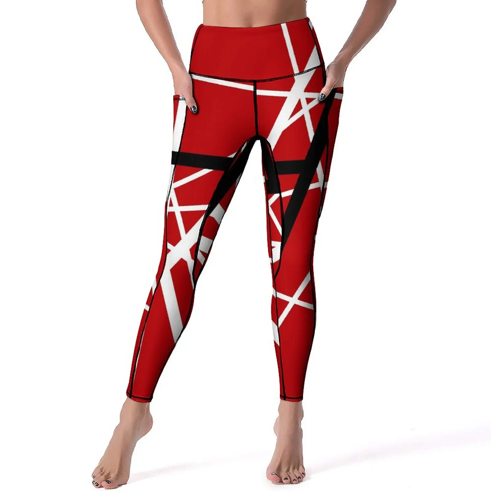 Van Halen-pantalones de Yoga con bolsillos y estampado de líneas, mallas deportivas de Yoga estéticas con realce, mallas deportivas con patrón elástico para entrenar