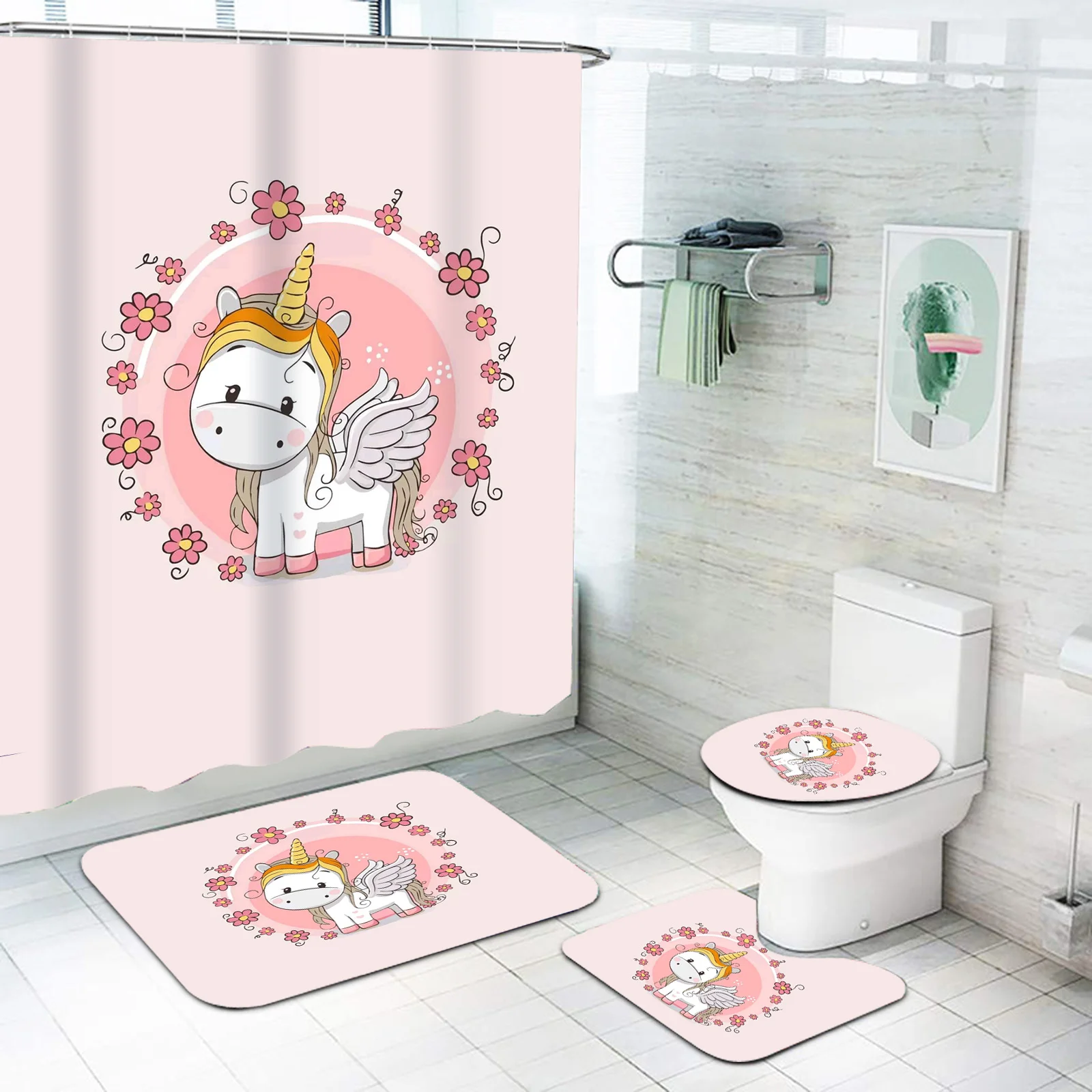 

Cartoon Bubble Blowing Unicorn Shower Curtain 4 Piece Set Color Polka Dot Bathroom Rug Non Slip Toilet Mat