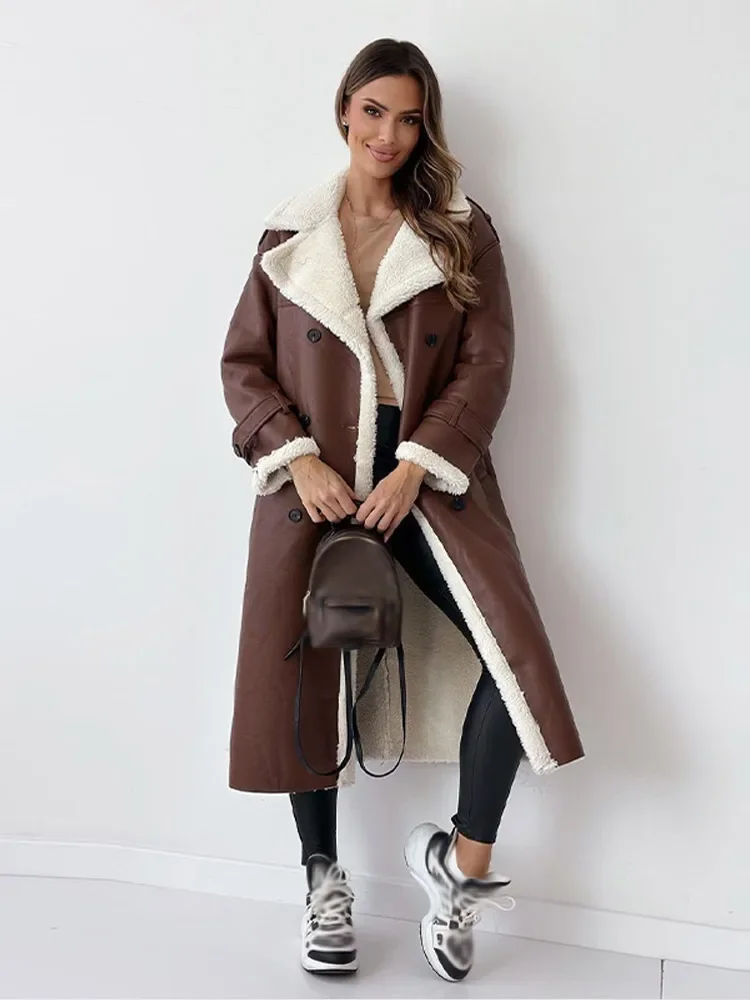 Fur Leather Long Jacket Women Belt Lambswool Long Sleeve Turndown Collar Pocket Female Coat 2023 Autumn Winter Lady Overcoat