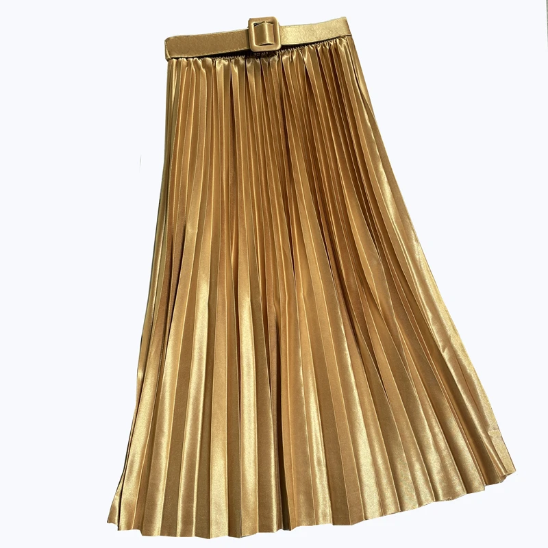 Ele A-Linie Midirock, hohe Taille, plissiert, schlankmachender Regenschirmrock, weiche Satinfarbe, Pendler-Sle für den Sommer 2024