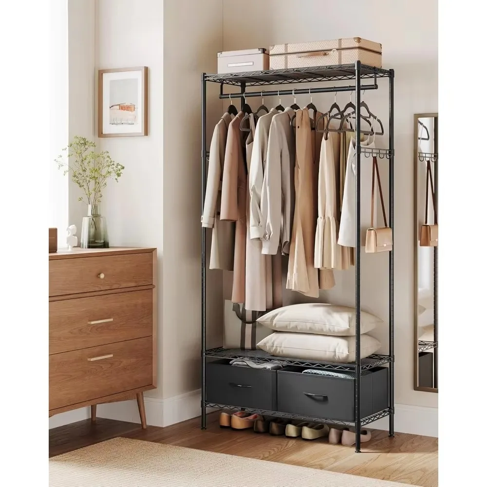 Wardrobe, Heavy Duty Portable Wardrobe, Hanger with Mesh Rack, Freestanding Wardrobe Holder, 2 Fabric Drawers, Rail, Hooks