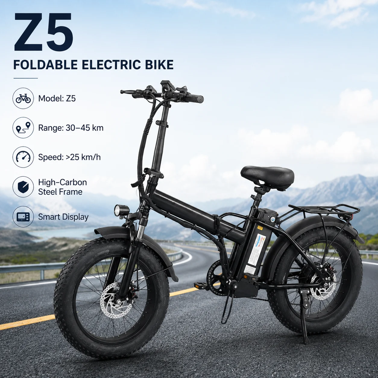 20 Inch Folding Fat Tire Bike Electric 1000W Motor 48V15Ah Battery 30-45KM Range 7 Speed Disc Brakes Smart Display Electric Bike