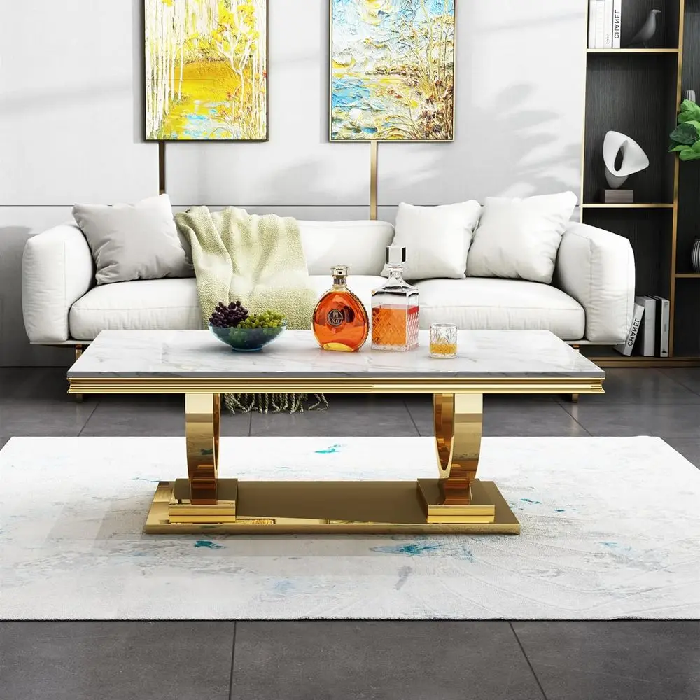 

Modern White Marble-Look Coffee Table with Gold Base for Living Room, 46.8 Mid-Century Luxe Cocktail Table on Stainless Steel Le