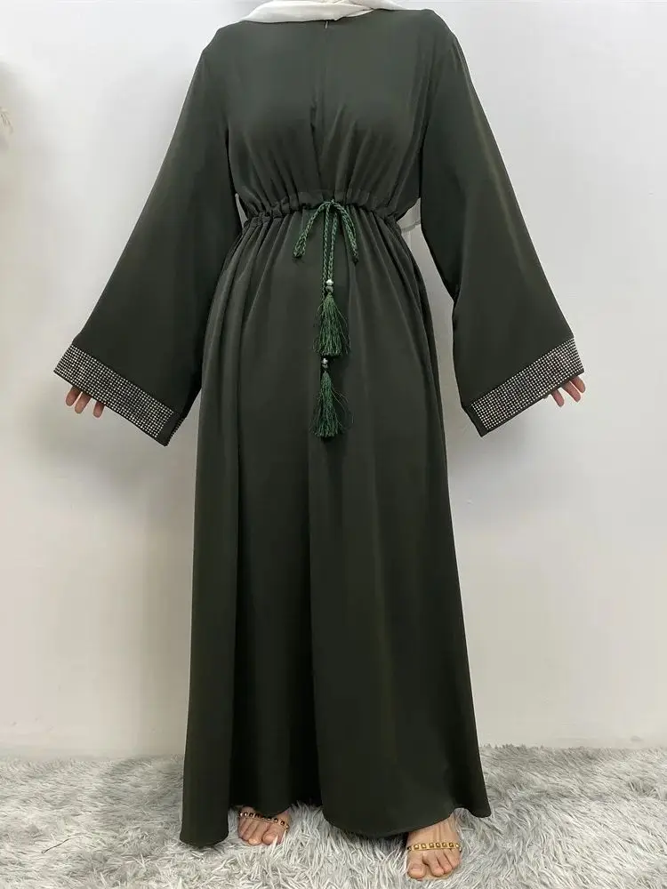 Latest fashion Hot beading Muslim Robe abaya syari female Muslim abaya Worship Service abayas with drawstring wy1977