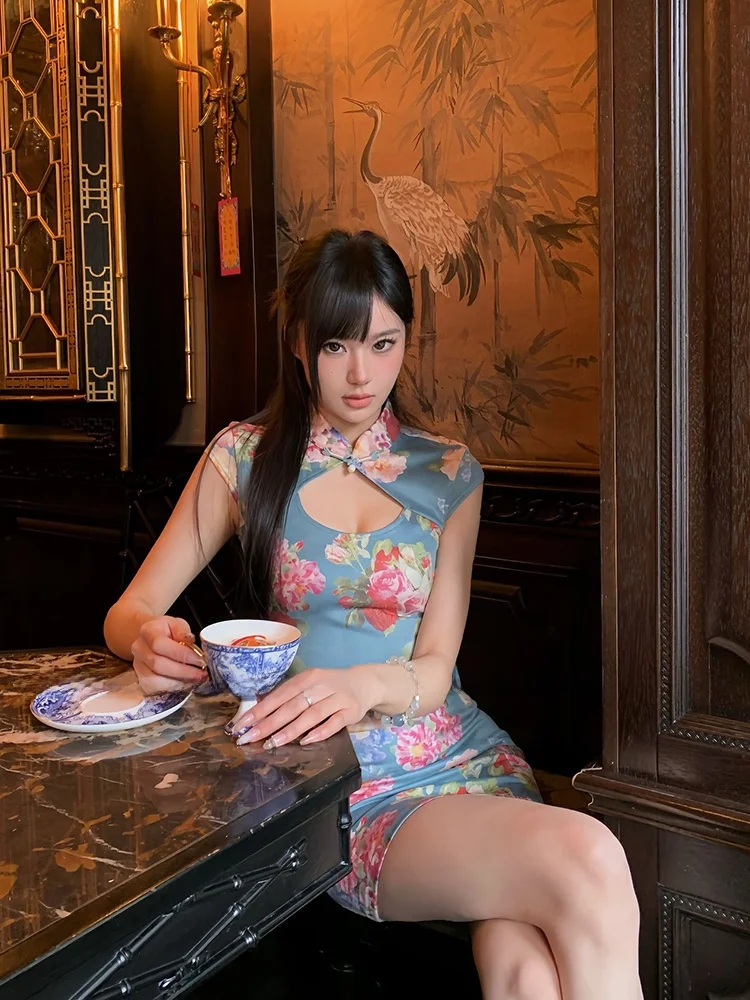 

Sexy Hollow out Print Bodycon Skirt for plus Size Women Chinese Style Vintage Qipao Short Dress High Waist Spring Summer