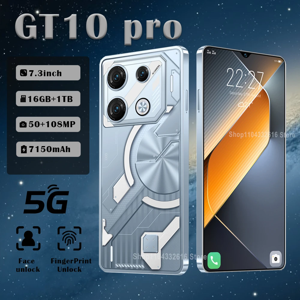 NEW GT10 Pro Mobile Phones 7.3 HD Face recognition Original 5G Dual Sim Android Face Recognition Unlocked 108MP Cell Phone