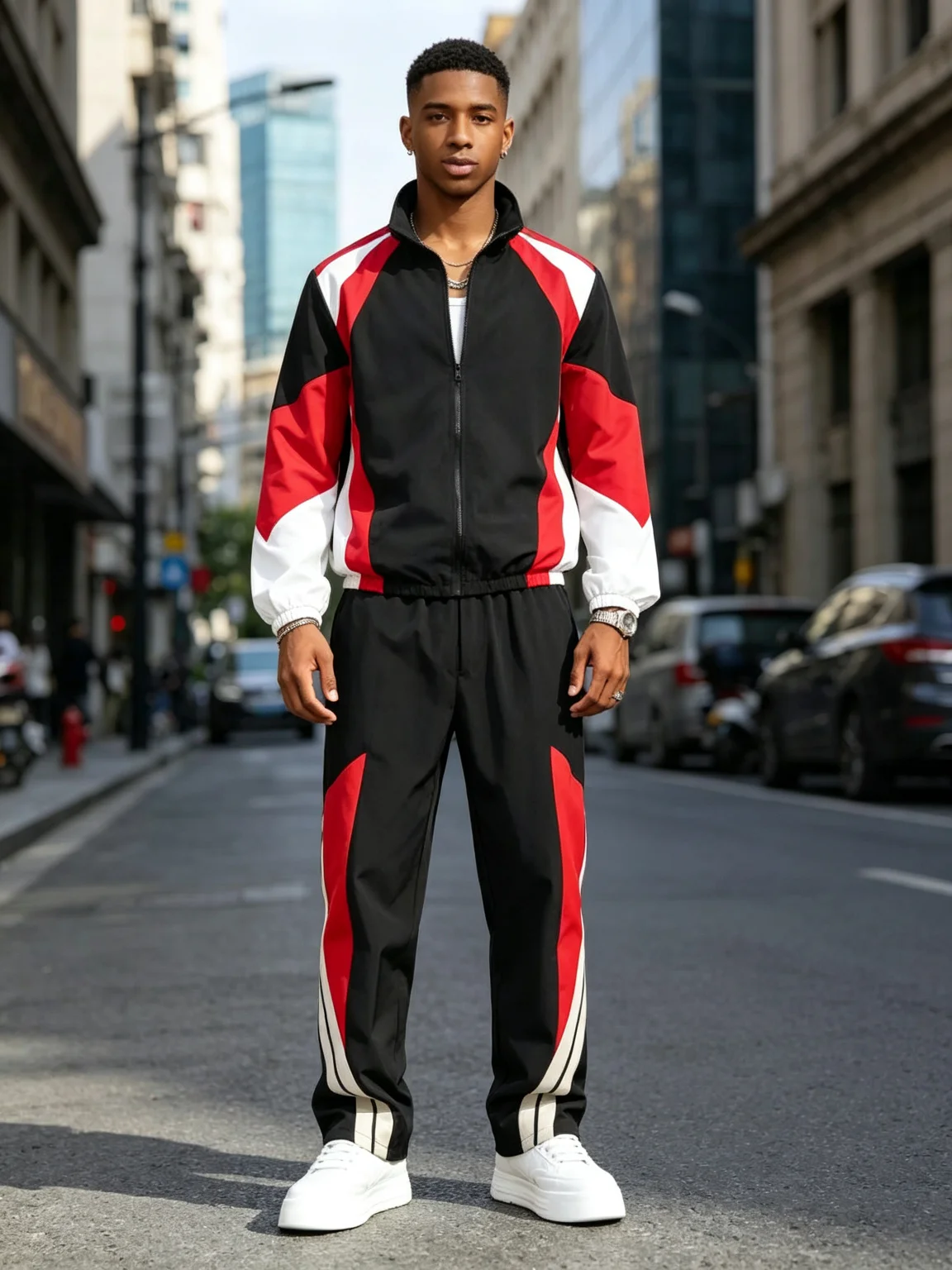 Men's Jacket Suit Color-Blocked Multi-Color Stand Collar Short Jacket Top with Long Pants, School Uniform, Team Outfit, Sports C
