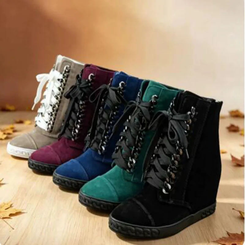 Women Black Suede Hidden Wedge Ankle Boots Autumn Lace Up Metal Eyelet High Top Wedge Sneakers Back Zipper Short Booties Shoes