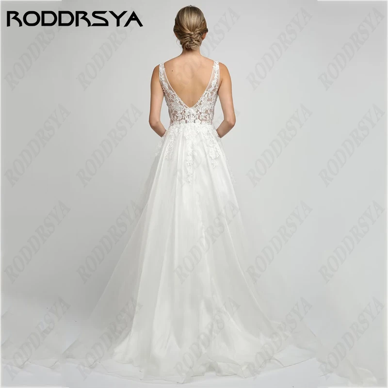 RODDRSYA-vestido De novia romántico con tirantes finos, traje sencillo con cuello en V, sin mangas, tul De ensueño, espalda descubierta vestido De novia romántico con tirantes finos, traje sencillo con cuello en V, sin