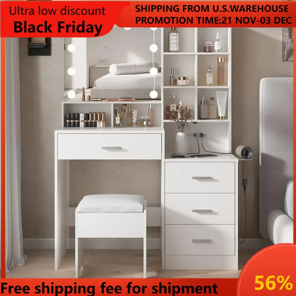 White Vanity Desk with Mirror and Lights, Makeup Vanity Table with Charging Station, 3 Lighting Modes Brightness Adjusta