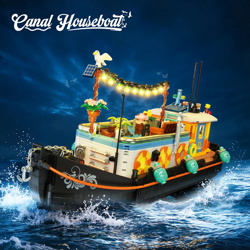 

MOC Technical Canal Houseboat Model Building Blocks with LED Sea Fishing Boat Assembly Bricks Toys Creative Ornament Kids Gifts