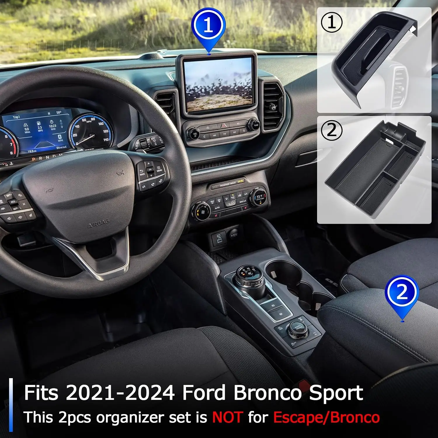 2PCS Set Armrest Storage Console Organizer Dash Tray Insert Phone Holder for 2021 2022 2023 2024 Ford Bronco Sport Accessories