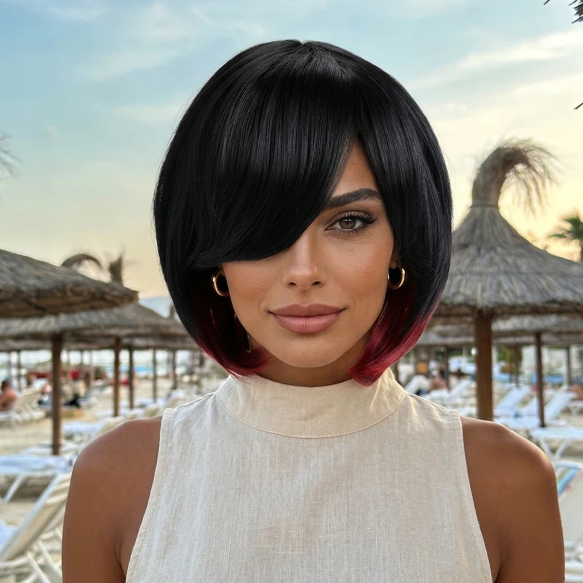 Bob Wig with Bangs Short Wigs for Women Synthetic Wig Straight Natural Hair Replacement Wigs Cosplay with Dark Roots for Holiday