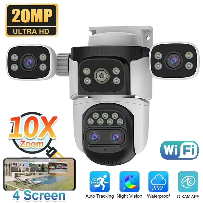 20MP 10K WiFi IP Camera Outdoor 10X Zoom CCTV Surveillance Cam Four Screen Auto Track Security Protection Waterproof Cameras