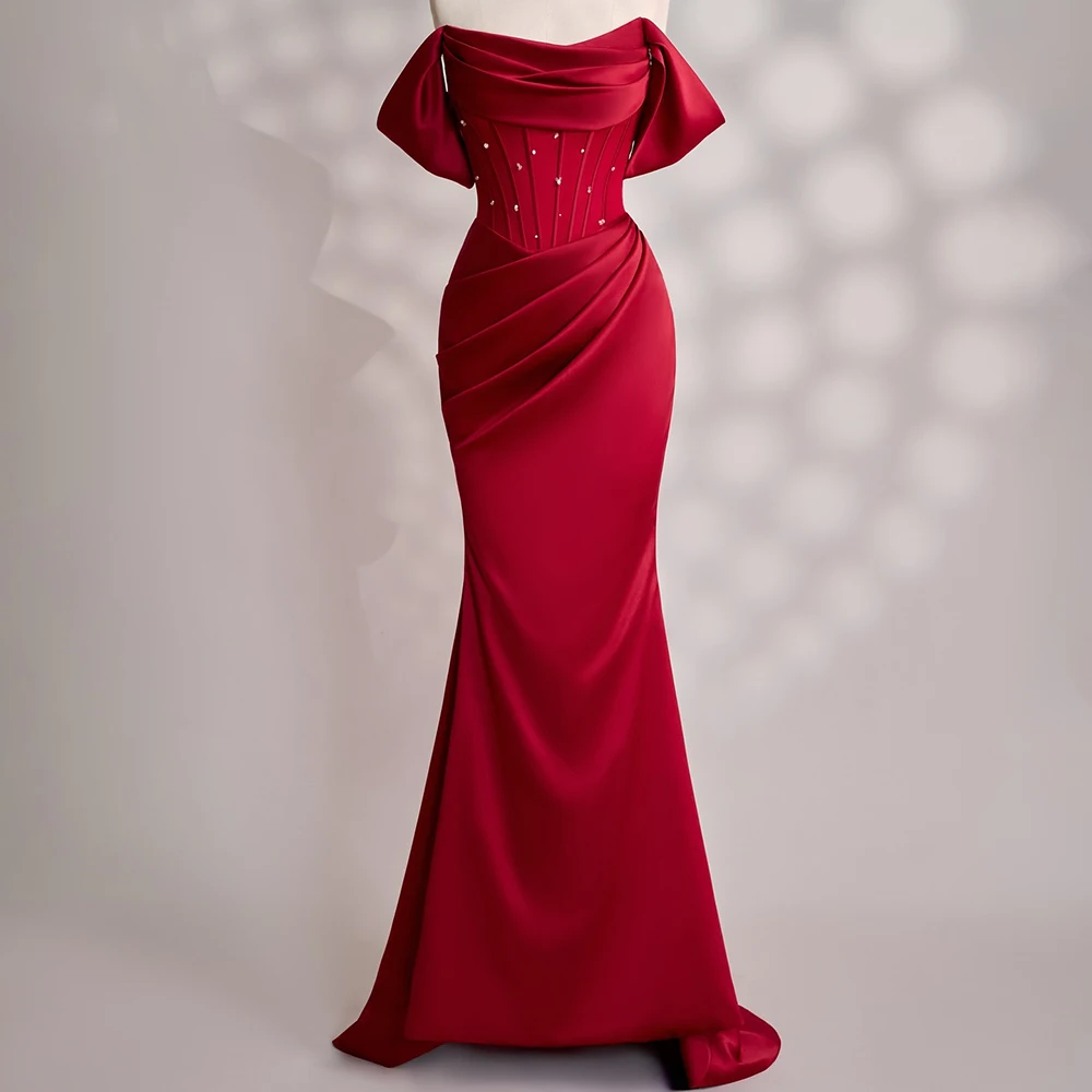 

Customized Mermaid Evening Dresses Floor-length Off The Shoulder Sleeveless Prom Gown Fashion Beading Pleat Backless Party Gown