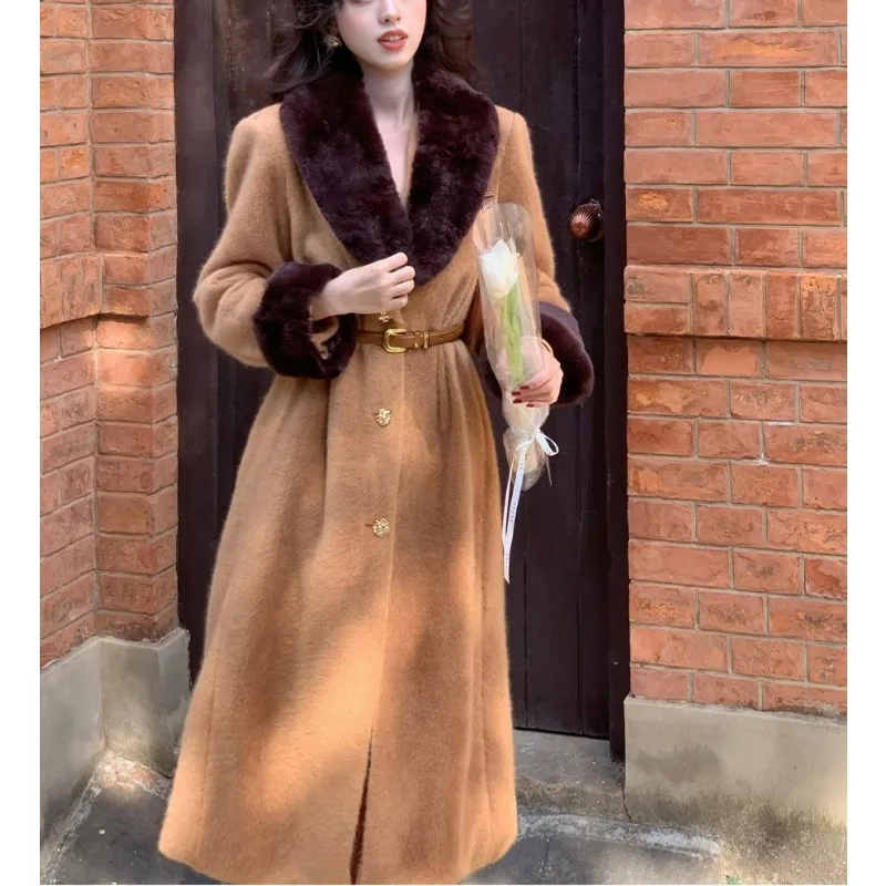Шерстяное пальто во французском стиле ретро в ленивом стиле с длинным меховым воротником, женское осенне-зимнее новое высококачественное пальто темперамента
