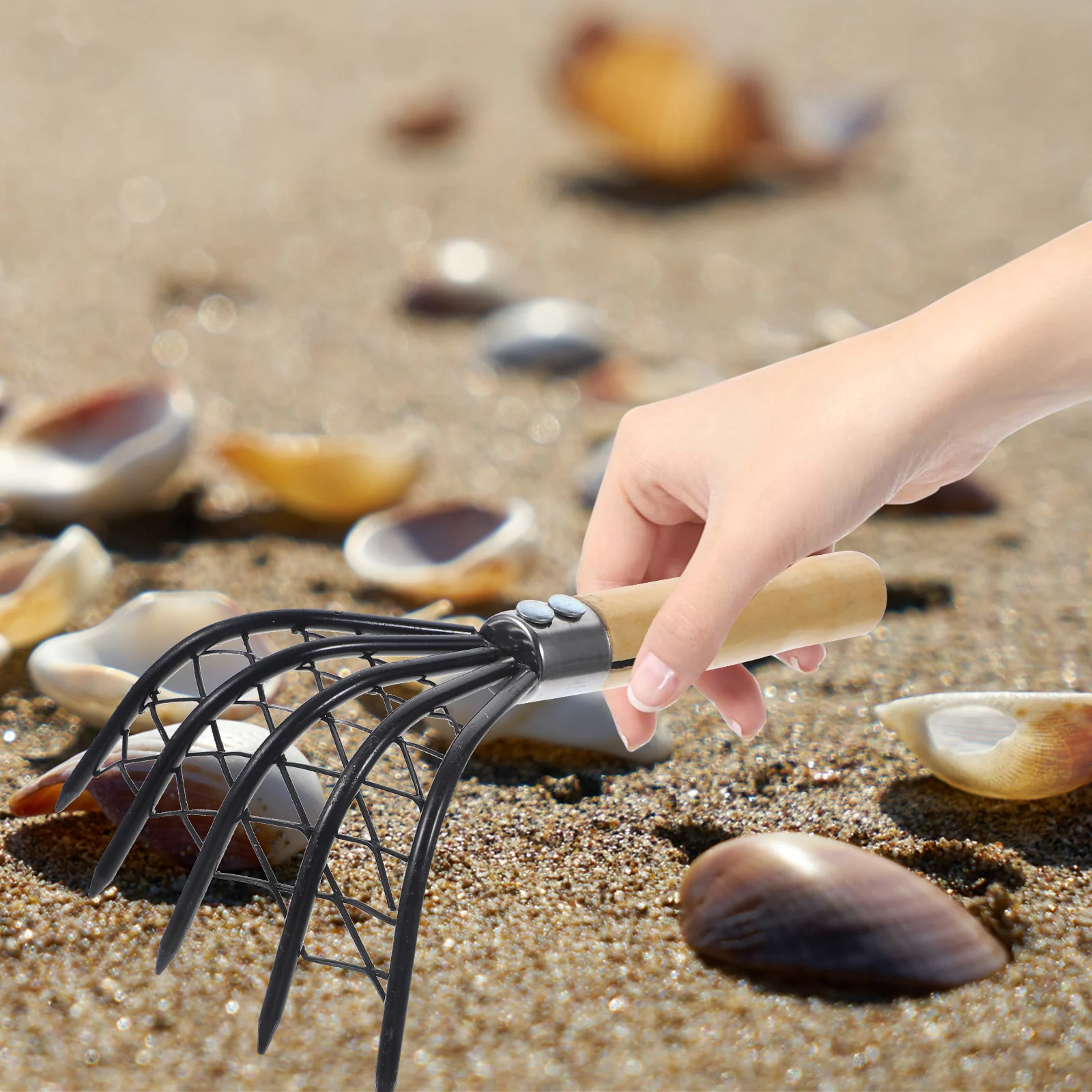 

Stainless Steel Clam Rake with Wood Handle Tool Scraper Seafood Digging Net Aquatic Plants