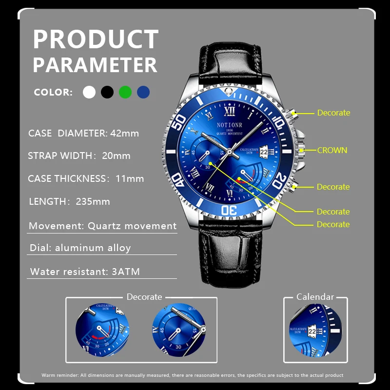 NOTIONR Fashion Mens Blue Watches Men Military Calendar Quartz Wrist Watch Luxury Man Business Leather Watch reloj hombre