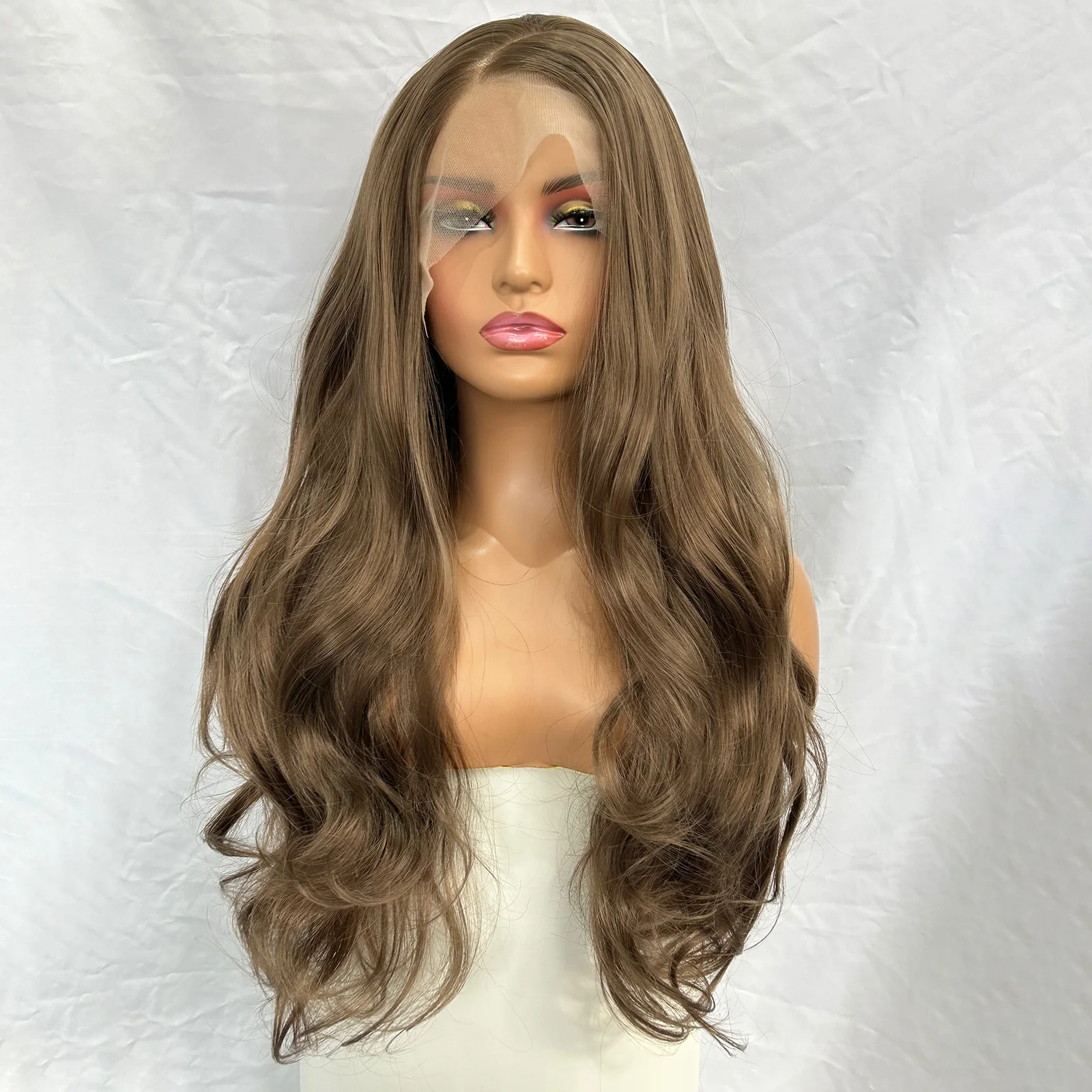Long Brown Wavy Wigs for Women Synthetic Hair Side Part Light Brown Curly Natural Wave Brunette 13X4 Lace Front Wig Daily Party