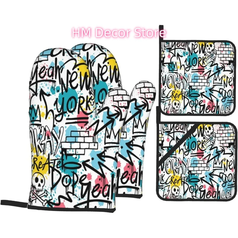 White Graffiti Oven Mitts and Pot Holders Sets of 4, Cooking Gloves Non-Slip Heat Resistant Polyester Country Cute Style Oven Mi