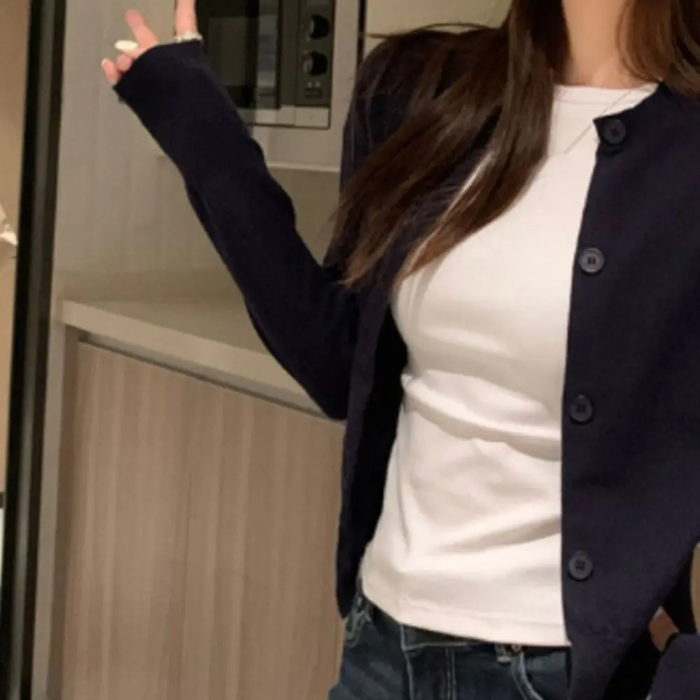 Suéteres de ganchillo con lazo liso para mujer, cárdigans de manga larga para otoño y primavera, abrigos cortos holgados y ajustados de estilo Preppy Y2K, ropa de calle