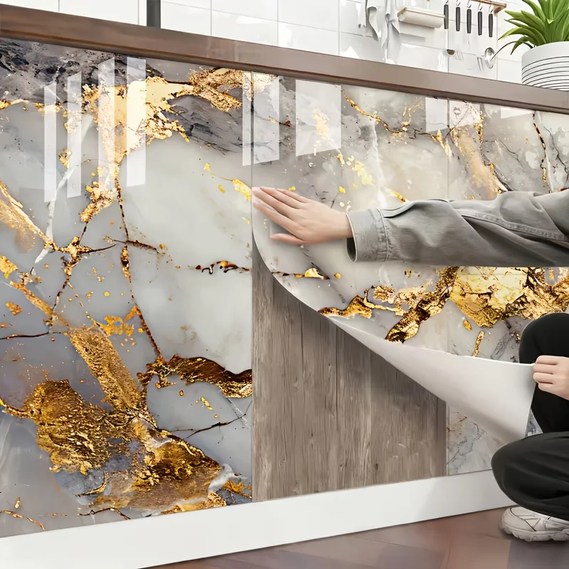 1 Roll Luxury Golden Leaf Wallpaper Self-Adhesive Oil Stain Resistant for Kitchen Bathroom Walls Cabinets Countertops Desks