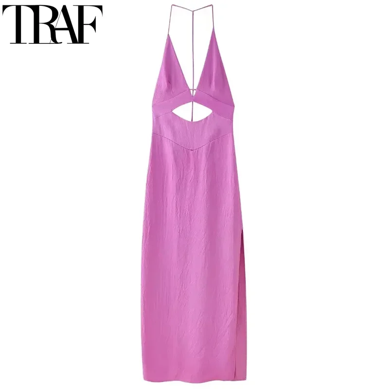 TRAF-Robe Longue en Satin pour Femme, Tenue de Soirée Sexy, Dos aux, Fente Latérale, Plage, Vacances, Été