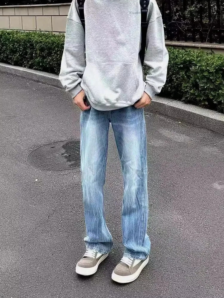 

Cleanfit Retro Wash Light Blue Men's Jeans Straight Leg Slim Fit Pants American High Street Style Youthful Trend Wear Resistant