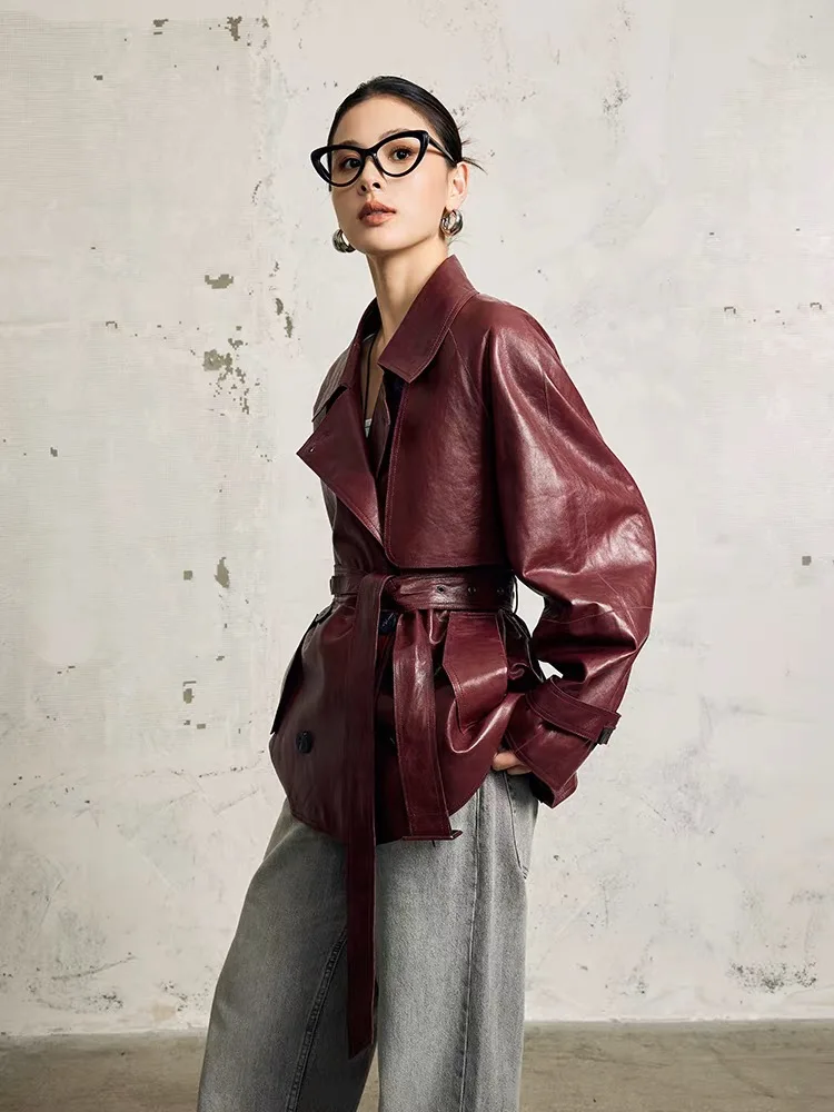 Giacca in vera pelle per abbigliamento donna Cappotto da cintura con colletto sartoriale chic femminile Mujer Oversize Novità in capispalla doppio petto