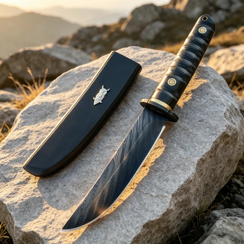 Handmade Damascus Steel Utility Knife Stabilized Wood Handle Outdoor Camping Cutting Knife with Ebony Sheath Gift Box for Kitche