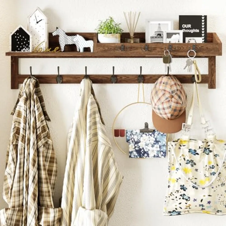 

Coat Rack Wall Mount 35 inch Large Wall Hooks with Shelf Entryway Shelf with 7 Dual Coat Hooks 4 Key Hooks Mail Organizer Woode