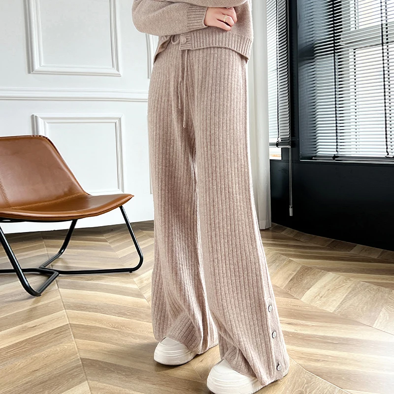 Casual loose women\'s 100% pure wool wide leg pants solid color knitted autumn and winter women\'s long wool wide leg pants new