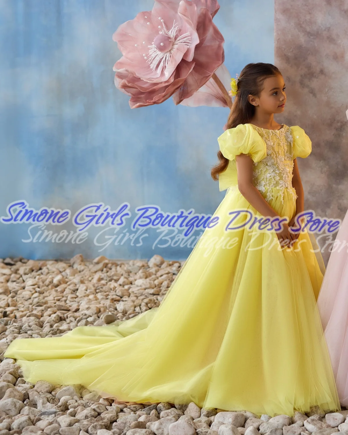 Желтое платье принцессы с открытой спиной и пышными рукавами, платье с цветочным узором для девочек для официальных приемов, дня рождения, танцевальных выступлений, вечеринок