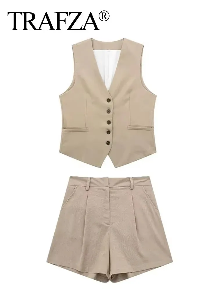 TRAFZA Vest Shorts Suit For Women 2024 Fashion Khaki Single Breasted Waistcoat Top + Slim Pant Sets Female Casual Streetwear