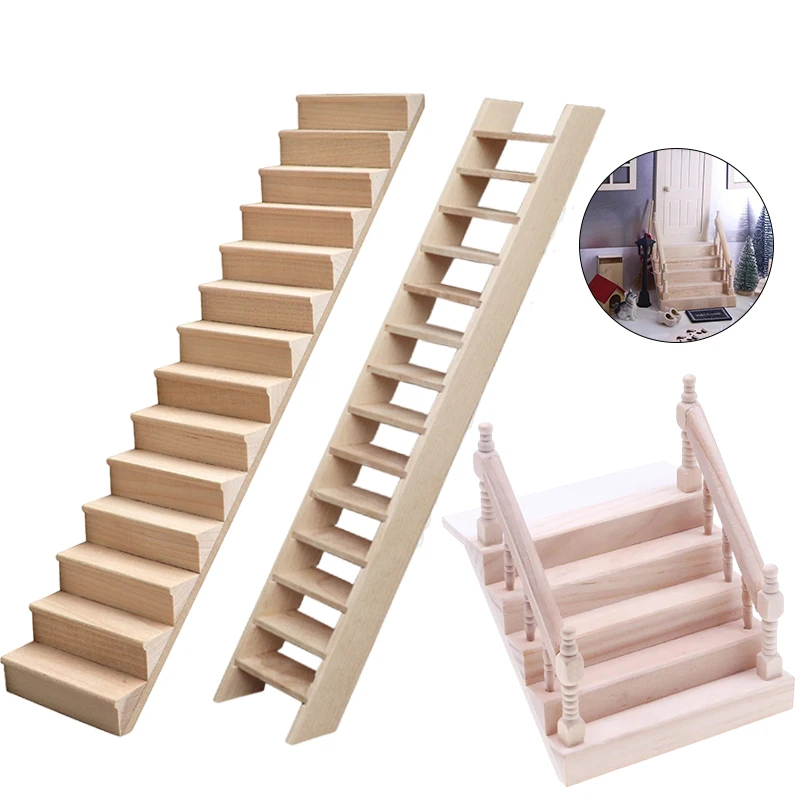 1:12 Dollhouse Miniature Wooden Staircase Mini No Handrail Stairs Furniture Model DIY DollHouse Life Scene Decor Toy Accessories