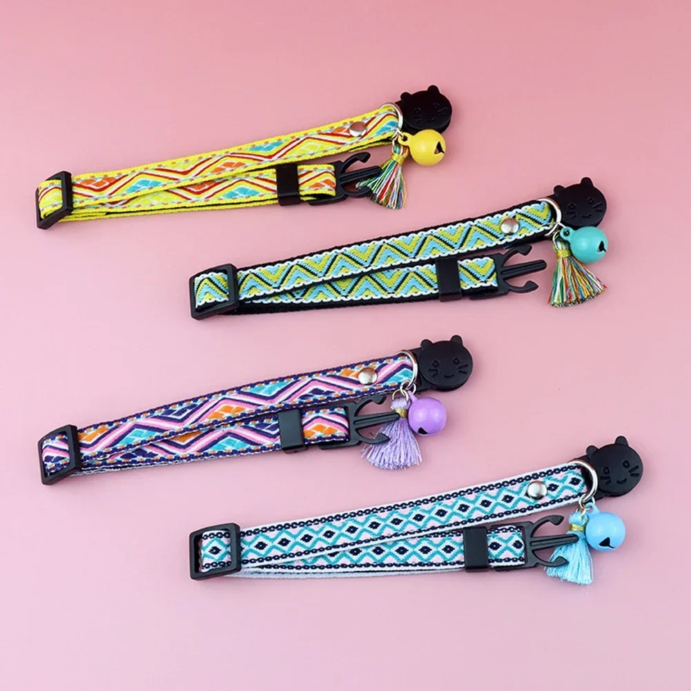 Cat Collar Adjustable Polyester Jacquard Pattern Pet Collar with Bell and Tassel Decoration for Cats and Small Dogs To Keep Lost
