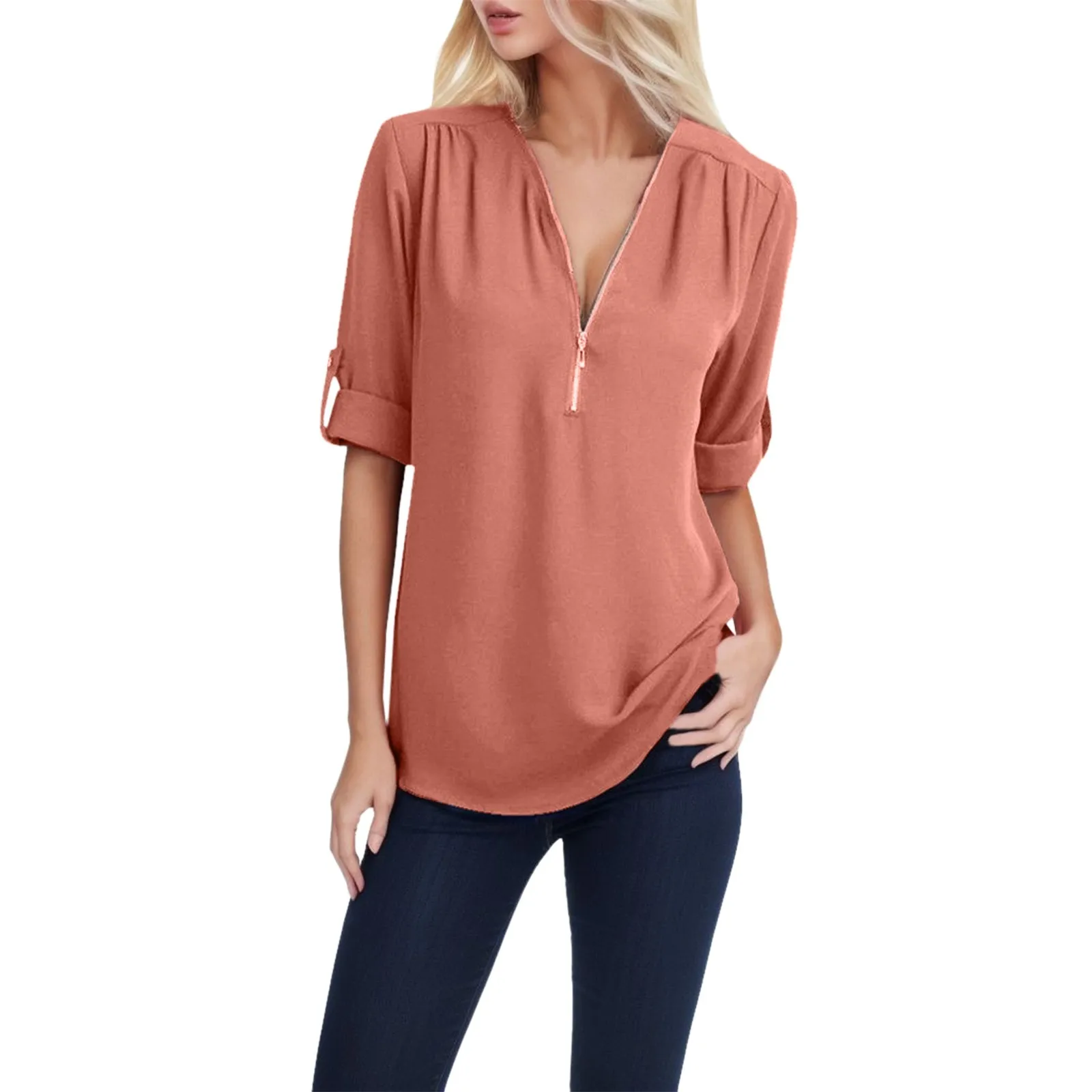 Women Long Sleeve Tunic Blouse Tops Spring Fall Chiffon Half Zipper V Neck T-Shirts Retro Elgance Loose Casaul Female Clothing