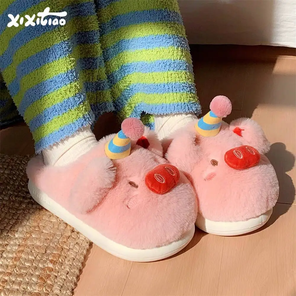 

Девичьи пушистые зимние тапочки, милая шапка на день рождения, дизайн свиньи, мягкая очаровательная домашняя хлопковая обувь для беременных