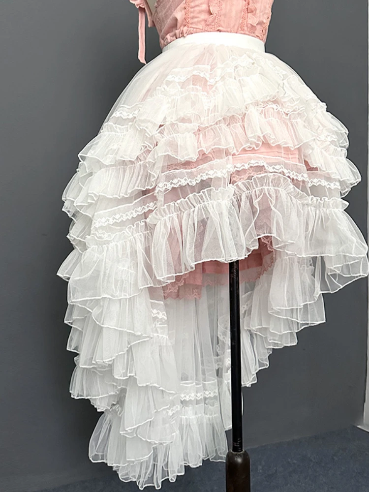 Gothic Lolita Underskirt High Low Ruffled Skirt Light Floral WeddingTrailing Lace Trailing JSK Cake Fluffy Mesh Cover Up Skirt