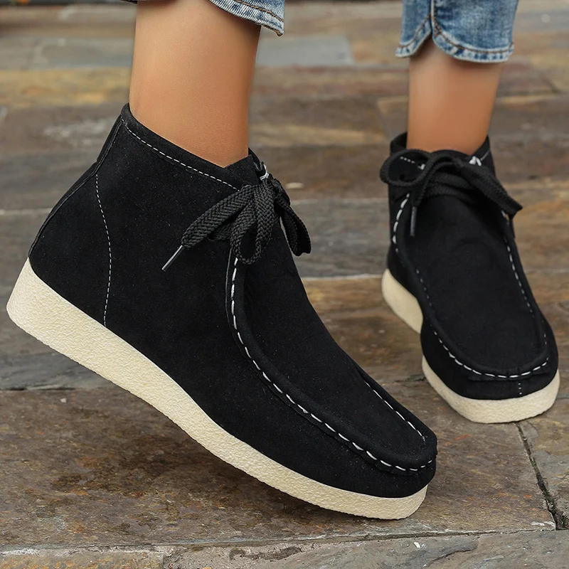 Women\'s Solid-color Flock Flat Boots Leisure Lace Up Soft Sole Shoes Boats Comfortable Lightweight Non Slip Ankle Boots