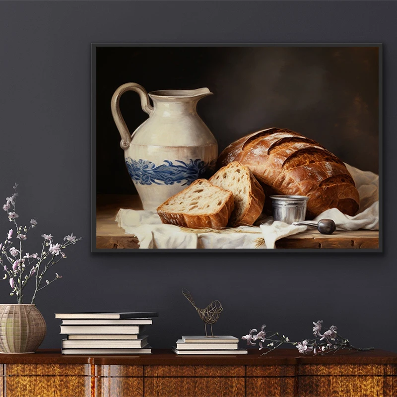 1pc frameless Canvas Painting Vintage Oil Painting Art Fermentation Bread Cheese Still Life Posters Prints Canvas Painting Wall