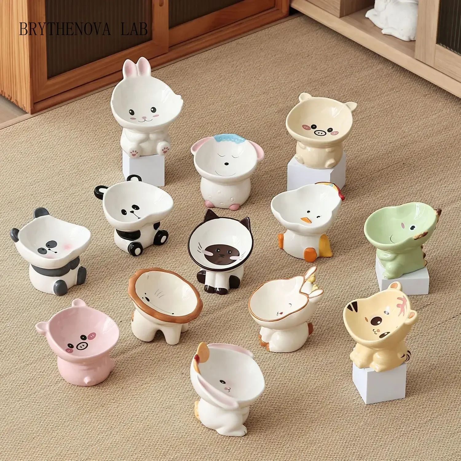 Cute Cartoon Animal Series Ceramic Cat Bowl High Foot Food Neck Bowl Protection Eating Cat Drinking Water Dog Rice