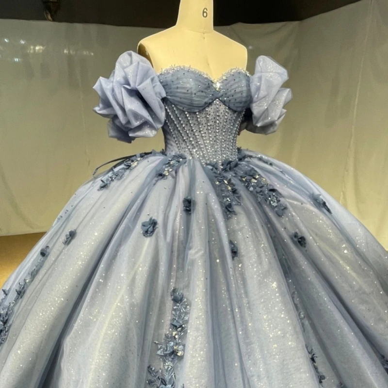 Bleu marine clair paillettes Quinceanera robes hors de l'épaule Applique fleur perles cristal tulle princesse luxe doux 16 robe