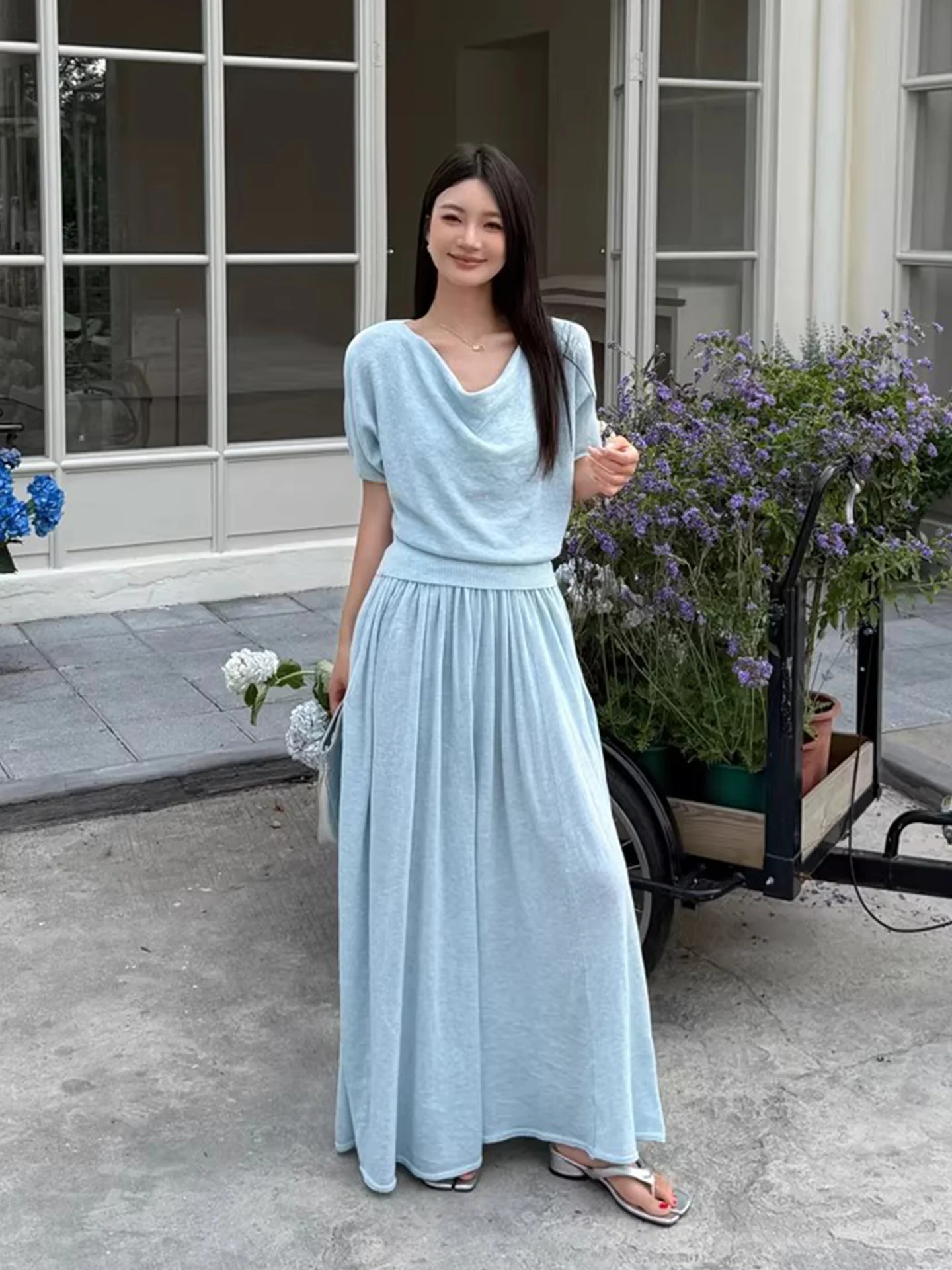 

Fashionable Knitted Shoulder Bared Neckline Set Women's Summer New Style High Waist Skirt Two Piece Set Wide Hemline