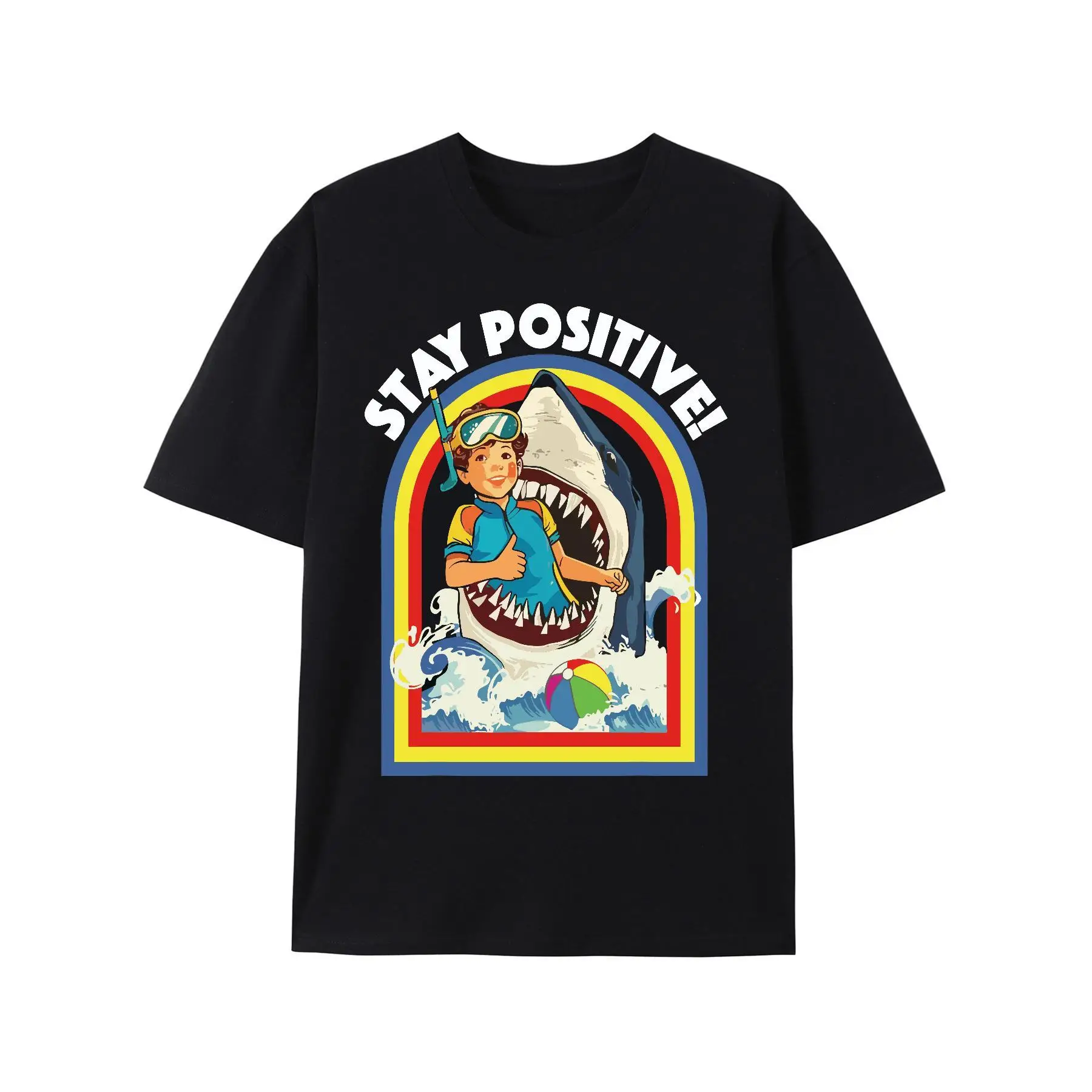 

Stay Positive" T-Shirt Funny Shark Graphic Print Tee Unisex Cotton Short Sleeve Top Optimistic Gift Idea Humor Wear