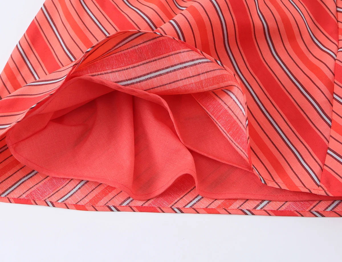 HH Französischer Stil Rot Gestreiftes Neckholder-Minikleid Ärmellos mit Wasserfallausschnitt A-Linien-Sommerkleid Elegantes Sommer-Resort-Strand-Büro-Outfit – Detail 8