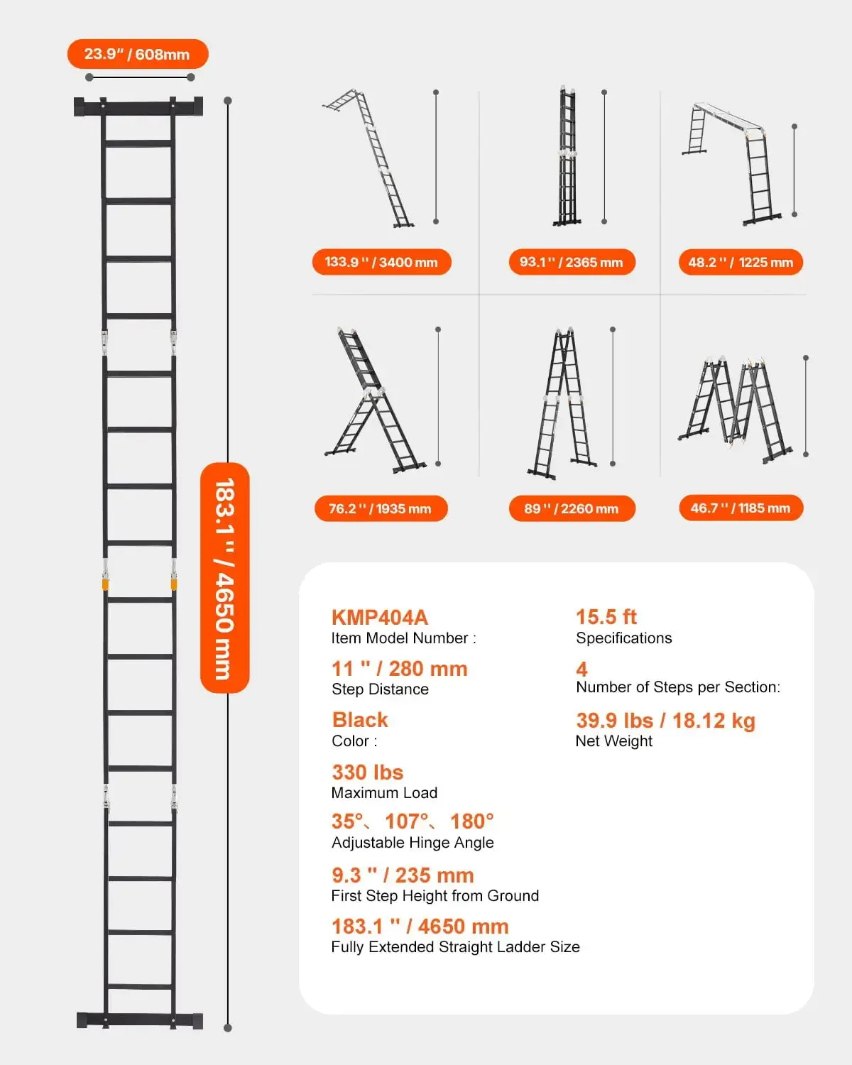 Escalera plegable multiusos 7 en 1: 4 escalones, altura de alcance de 15,5 pies con tablón de andamio