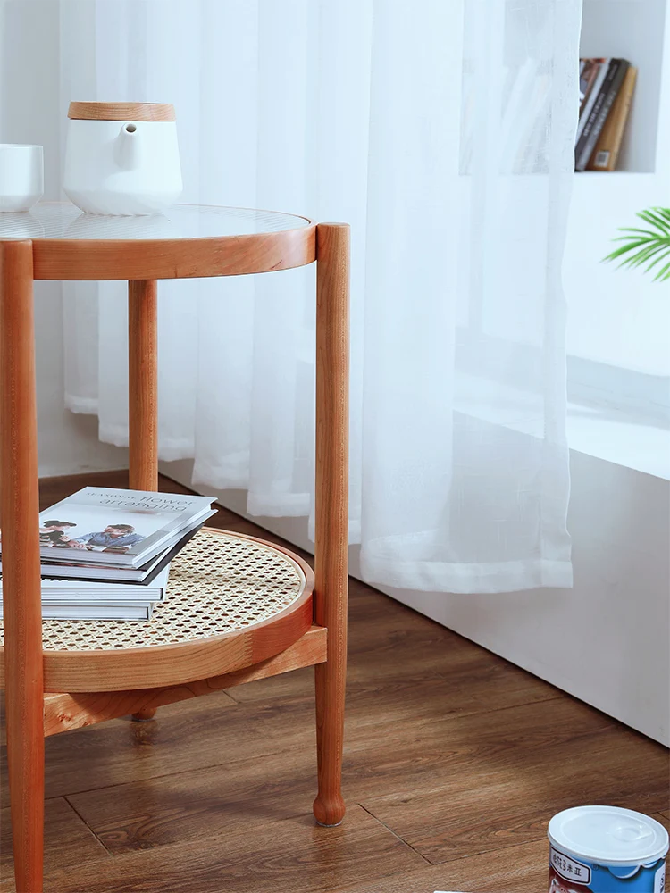 Nordic round glass cherry wood coffee table combination home living room rattan online celebrity creative coffee table simple