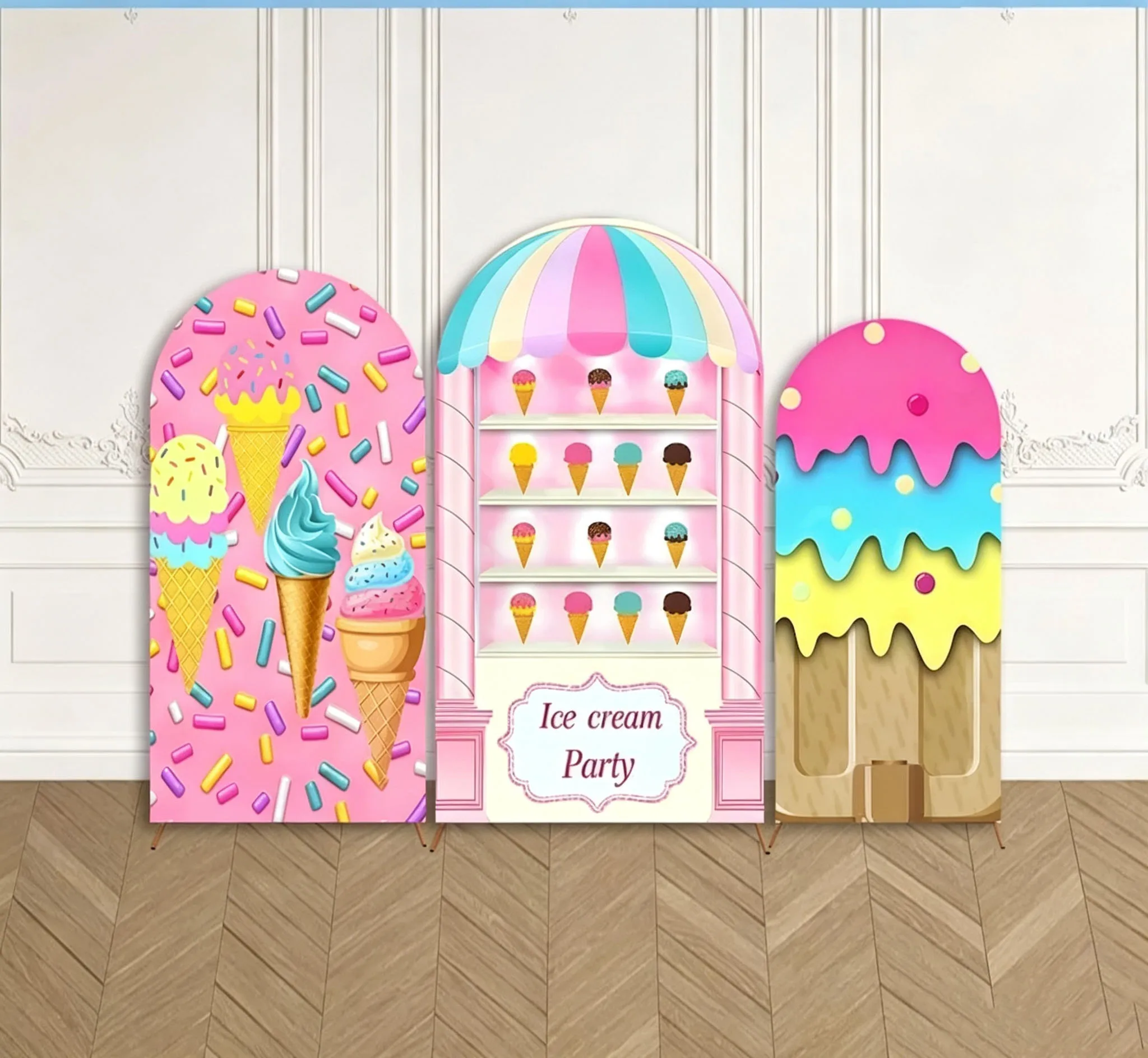 Custom Double-Sided Colorful Ice Cream Parlor Shop Baby Shower Arch Backdrop Cover Sweet Candy Birthday Party Photography