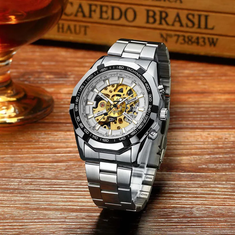 นาฬิกาข้อมือผู้ชาย ระบบจักรกล กันน้ำ สำหรับกิจกรรมกลางแจ้ง ดีไซน์โครงกระดูก แฟชั่นลำลอง สายสแตนเลส สตีล ระบบอัตโนมัติ